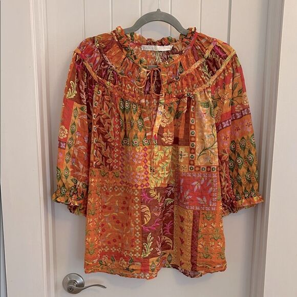 Marie Oliver Vibrant Finley Poppy Patchwork Blouse - Orange and Red Size Large - Picture 1 of 8